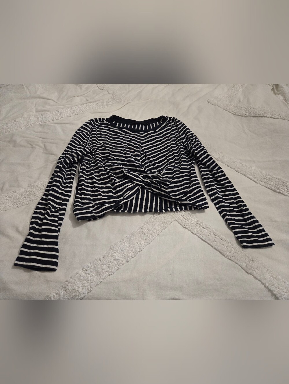 Vero Moda Navy and White Striped Long-Sleeve Twist Crop Top